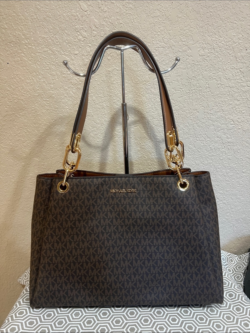 Michael Kors Dark Brown MK Logo Shoulder Bag with Gold Hardware